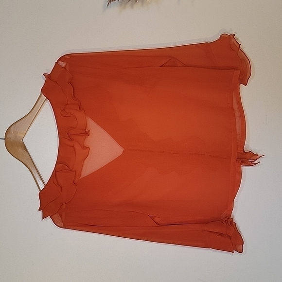 RED Sheer Ruffled collar and sleeve button up 3/4 sleeve. Size M - Picture 7 of 7